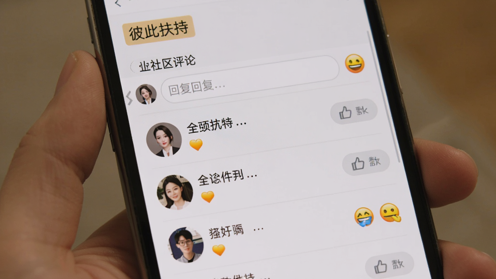 一隅社区评论区界面,手机屏幕显示短剧下方的用户留言列表,每条留言带有头像和点赞按钮,顶部有“彼此扶持”的标签,背景为浅灰色,风格温暖社交,细节包括回复框和表情图标,画质清晰,干净,无多余元素