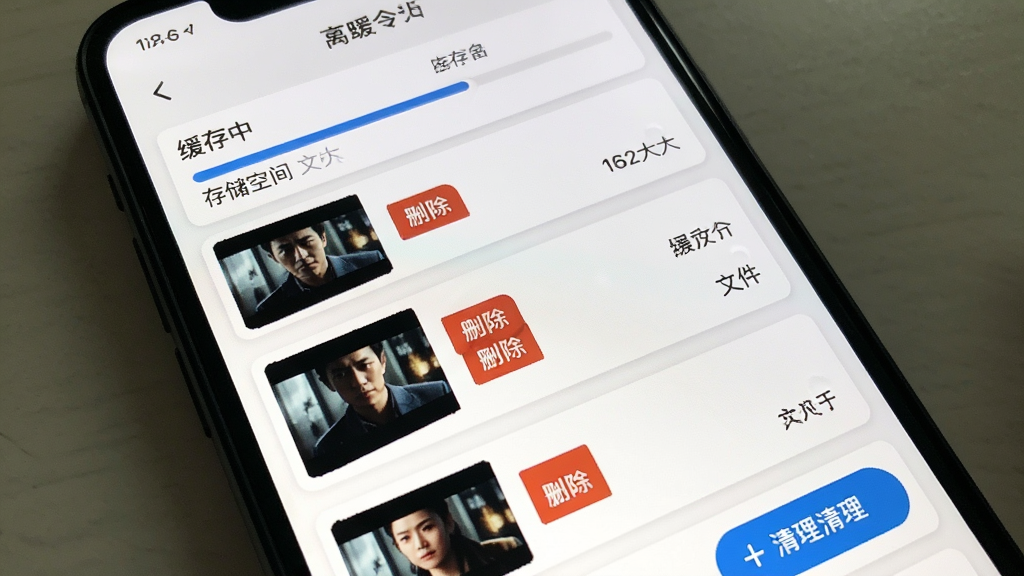 一隅离线缓存管理界面,手机屏幕显示已缓存的剧集列表,每项有删除按钮和文件大小,顶部有“缓存中”进度条,背景为白色卡片式设计,风格实用工具,细节包括存储空间提示和清理按钮,画质清晰,干净,无多余元素