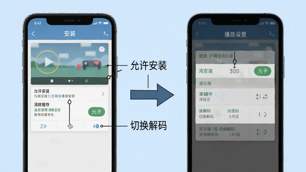 一隅新手操作示意图,画面左侧是手机安装界面,右侧是播放设置菜单,中间用箭头连接,背景为浅蓝色,风格教程图解,细节包括“允许安装”“清除缓存”“切换解码”等文字标注,画质清晰,干净,无多余元素