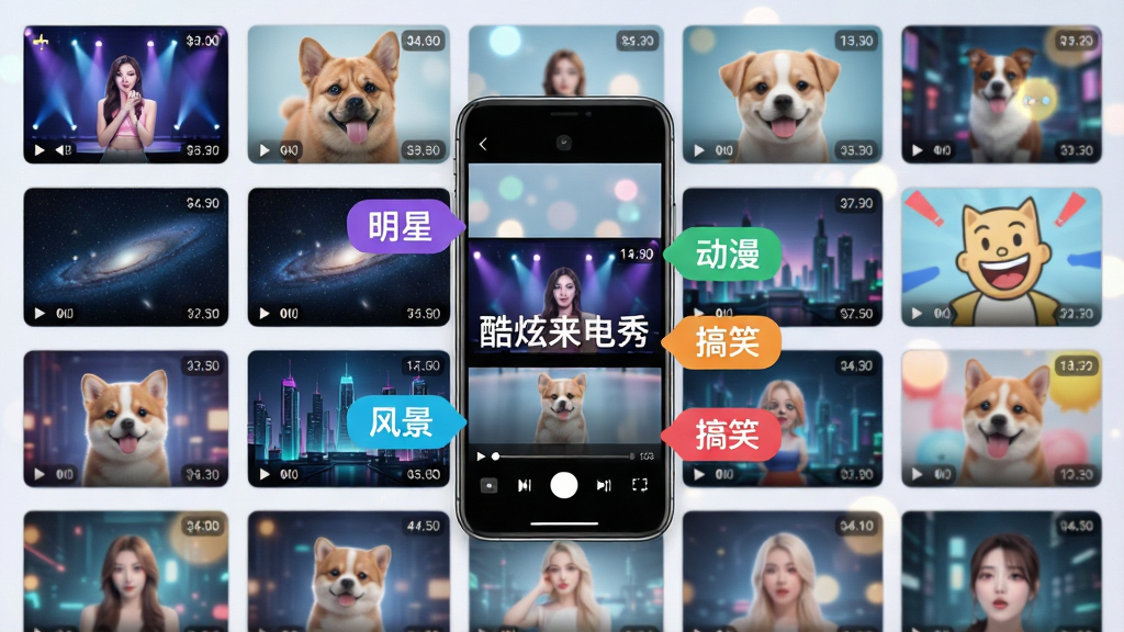 一个巨大的虚拟视频素材库界面,画面采用网格瀑布流布局,每个格子内展示不同风格的视频封面,包括明星舞台、萌宠、星空、赛博朋克城市等,画面中央有一部手机正在播放其中一段视频,手机周围有多个彩色标签标注分类名称如“明星”“风景”“动漫”“搞笑”,整体风格为明亮清新的科技感,细节上视频封面带有播放时长角标,背景有轻微虚化光斑,画质高清,干净,无多余元素,图片中文字标注“酷炫来电秀”