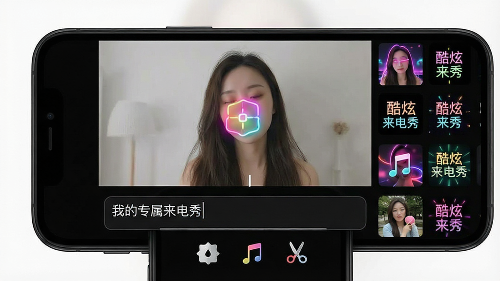 一个手机视频编辑界面,画面主体是手机屏幕,屏幕中显示一段正在编辑的短视频,视频下方有文字输入框、滤镜图标、音乐图标和剪刀裁剪图标,屏幕右侧有一排彩色特效缩略图,整体布局为上下结构,风格为简洁现代的深色模式,细节上文字输入框内显示“我的专属来电秀”字样,滤镜图标带有霓虹光效,画质高清,干净,无多余元素,图片中文字标注“酷炫来电秀”