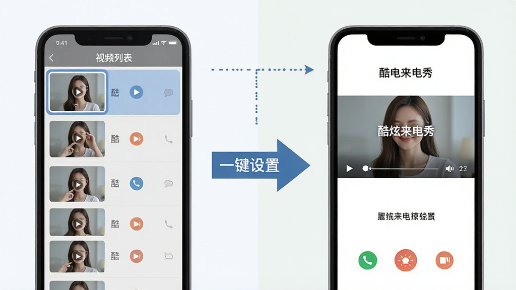 一张手机设置来电秀的操作流程图,画面分为左右两部分,左侧为视频列表界面,右侧为设置成功后的来电显示界面,中间用箭头连接,箭头旁标注“一键设置”,整体布局为横向对比,风格为扁平化信息图,细节上左侧视频列表带有选中高亮边框,右侧来电界面显示视频播放中,画质高清,干净,无多余元素,图片中文字标注“酷炫来电秀”