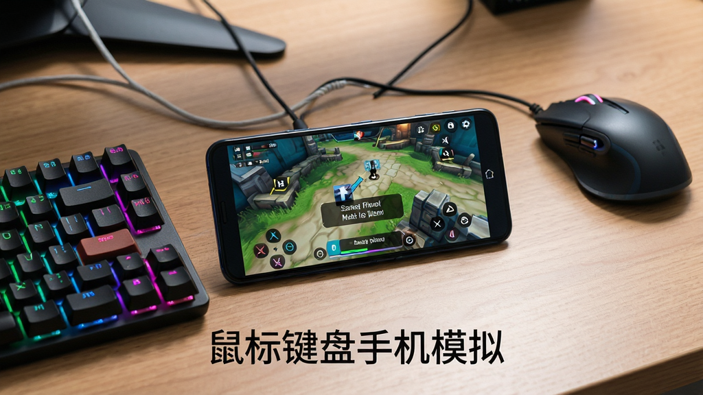一张展示智能手机连接鼠标键盘的科技感场景图,主体为一部横屏安卓手机放置在桌面上,屏幕显示游戏画面,旁边连接着RGB背光机械键盘和无线鼠标,布局采用中心构图,手机位于画面中央,键盘和鼠标分列两侧,排版简洁清晰,风格为现代数码科技风,细节包括手机屏幕上的按键映射提示、键盘灯光反射、桌面木纹质感,画质高清,画面干净,无多余元素,图片中文字标注“鼠标键盘手机模拟”