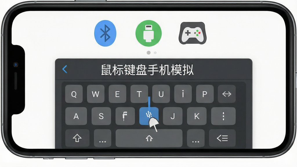 一张展示鼠标键盘手机模拟软件界面的示意图,主体为手机屏幕显示按键映射设置面板,布局采用上下结构,上方为设备连接状态图标,下方为按键拖拽映射区域,排版整齐,风格为扁平化UI设计,细节包括蓝牙、OTG、手柄的图标标识,画质清晰,画面干净,无多余元素,图片中文字标注“鼠标键盘手机模拟”
