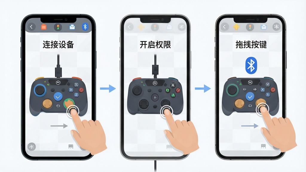 一张展示手机连接外设进行游戏操作的教程示意图,主体为手机屏幕显示按键映射设置步骤,布局采用分步图解形式,排版从左到右依次为连接设备、开启权限、拖拽按键,风格为清新扁平化教学风,细节包括OTG线缆、蓝牙图标、手指点击动作,画质清晰,画面干净,无多余元素,图片中文字标注“鼠标键盘手机模拟”