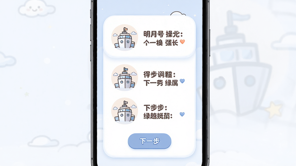明月号操作引导界面展示,主体为手机屏幕显示新手引导页面,布局为居中卡片式分步提示,排版为图文结合,风格为柔和圆角卡通风格,细节包含简洁的线条插画、大号文字说明、下一步按钮,画质高清,干净,无多余元素