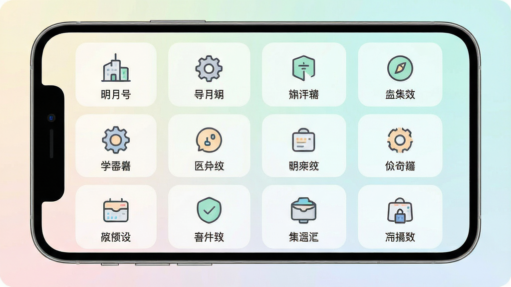 明月号功能集成界面展示,主体为手机屏幕中多个功能模块的网格排列,布局为三行四列图标阵列,排版整齐,风格为清新浅色系扁平化,细节包含每个图标下方配有中文标签、图标线条简洁、背景为淡雅渐变,画质高清,干净,无多余元素