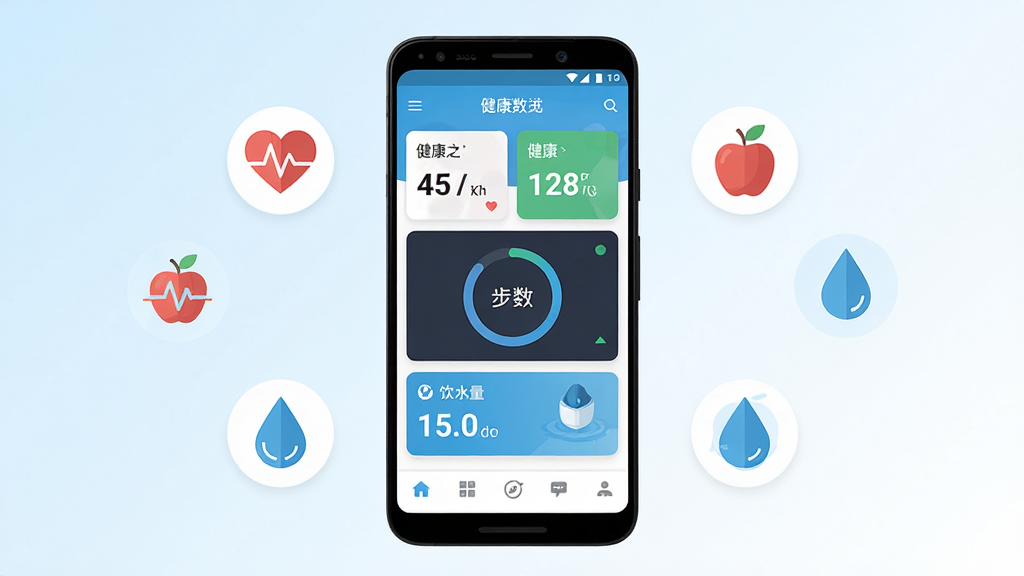 健康之约手机应用主界面展示,画面中央是一部竖屏安卓手机,屏幕上显示健康之约应用首页,包含健康数据卡片、步数圆环、饮水量记录和底部导航栏,手机周围环绕简约的健康图标如心率、苹果、水滴,背景为干净的浅蓝到白色渐变,整体布局居中对称,风格为现代扁平化UI设计,细节清晰,画质干净,无多余元素