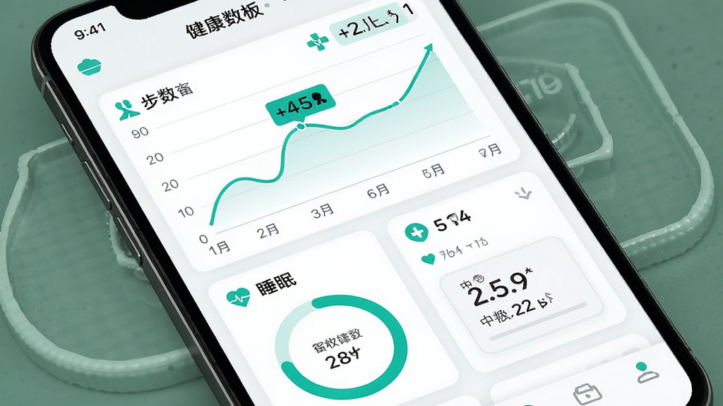 健康之约应用内健康数据看板界面,画面主体为手机屏幕,屏幕上显示折线图和环形进度条,标注步数、睡眠、体重等数据模块,界面配色为清爽的白底配青绿色高亮,布局为上下结构,风格为简洁医疗健康类UI,细节包括小图标和数字标签,画质干净,无多余元素