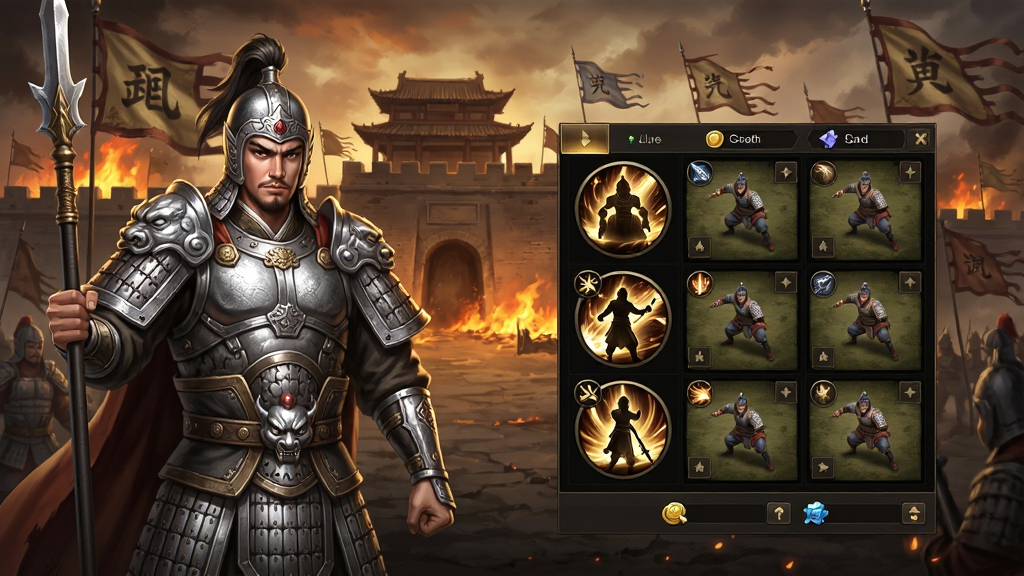 一幅竖版三国策略手游宣传图,画面中央是猛将勇士游戏主界面,左侧站立一位身披银色铠甲手持长枪的英俊武将,右侧是排兵布阵的九宫格阵容界面,背景为燃烧的古城墙与飘扬的军旗,整体采用写实国风与暗金配色,布局为游戏UI与场景融合的竖版构图,风格为高质量游戏宣传海报,细节包含武将盔甲纹理、技能图标、资源栏,画质超清,干净,无多余元素