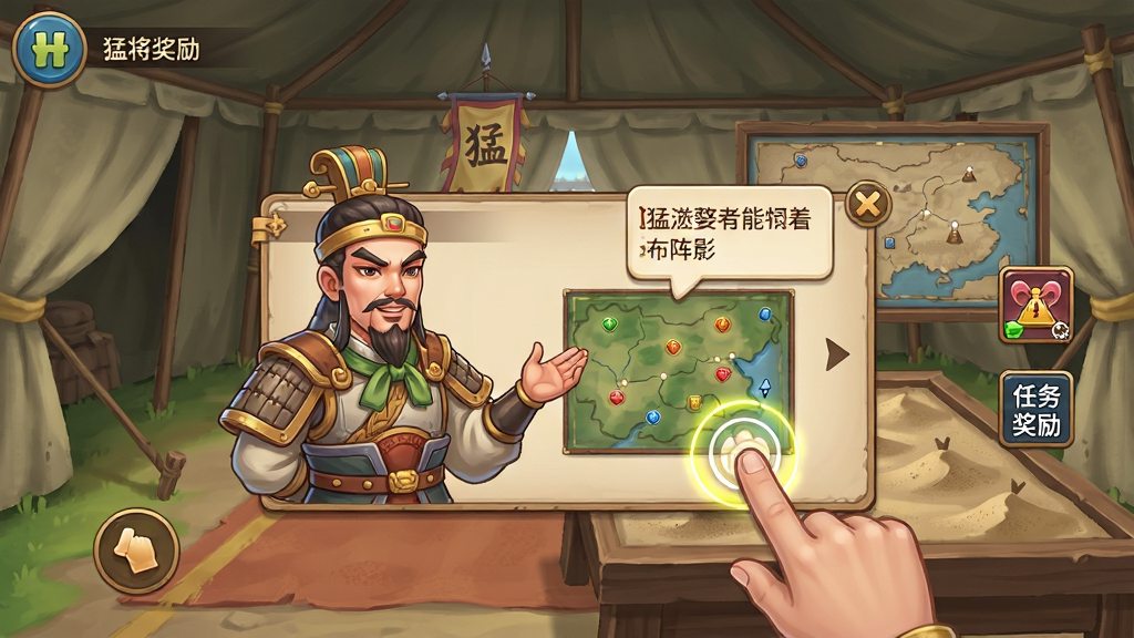 一张猛将勇士游戏新手引导界面图片,画面为手机屏幕显示新手教程对话框,一位古代军师正在向玩家讲解布阵要领,背景为军营大帐与沙盘地图,布局为竖版手机界面,风格为卡通国风游戏UI,细节包含高亮的手指点击引导、任务奖励图标、文字气泡,画质高清,干净,无多余元素