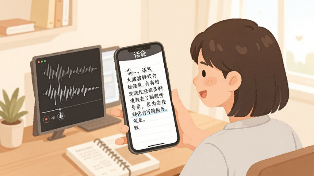 一位年轻人在安静的书桌前对着手机说话,手机屏幕上显示“话袋”正在将声波转化为文字段落,画面左侧是录音波形,右侧是整齐的文字笔记,风格为扁平化插画,色调明亮温和,画质细腻干净