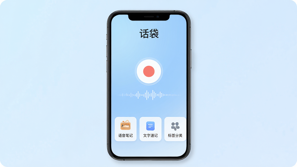 手机屏幕中央展示话袋应用主界面,顶部显示“话袋”文字标识,中间是圆形录音按钮与波形动画,下方排列着语音笔记、文字速记、标签分类等功能卡片,背景为柔和的浅蓝渐变,整体风格清新简约,画质清晰,干净无多余元素