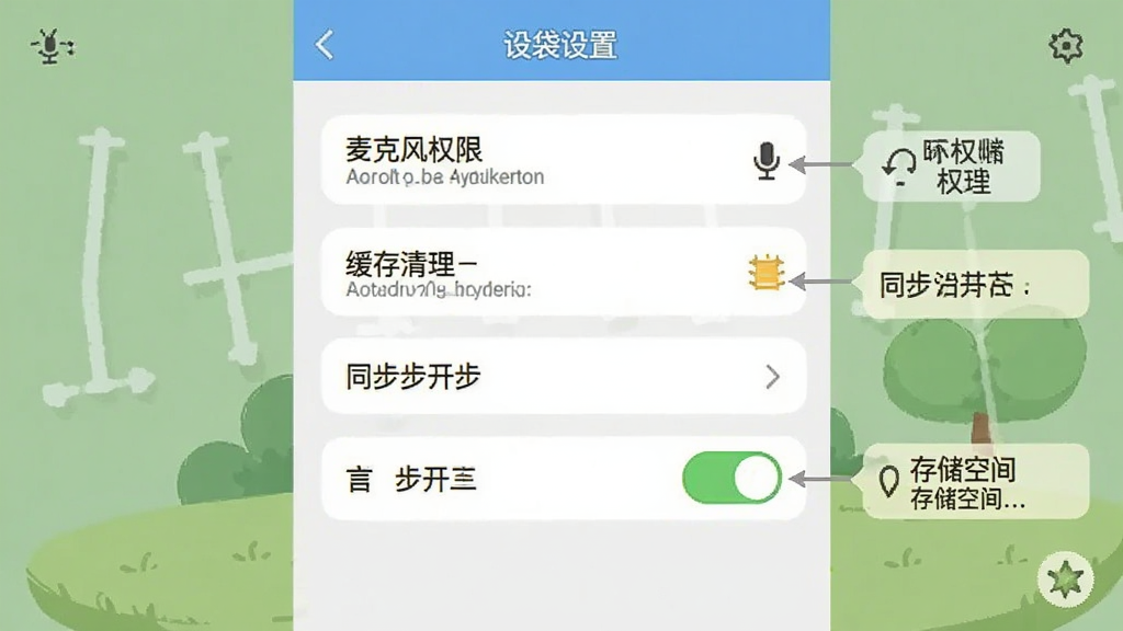 话袋应用中的设置页面截图风格插画,展示权限管理、缓存清理、同步开关等选项,界面标注了麦克风权限和存储空间提示,风格简洁实用,画质清晰,布局整齐