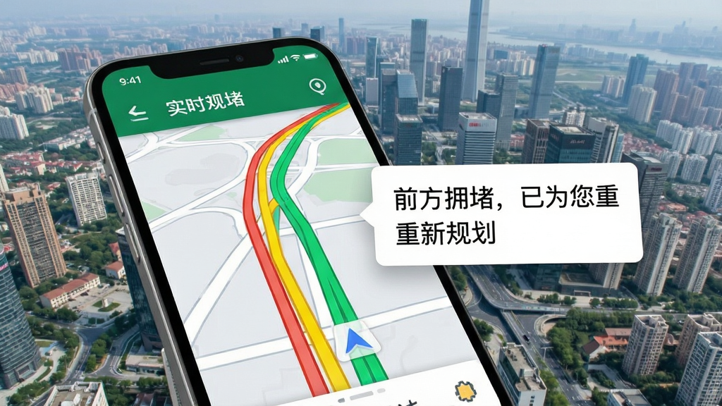 高驾地图导航实时路况界面,手机屏幕显示红黄绿三色道路线条,旁边有悬浮提示框显示“前方拥堵,已为您重新规划”,背景为城市俯瞰图,风格现代简洁,细节清晰,画质干净,无多余元素。
