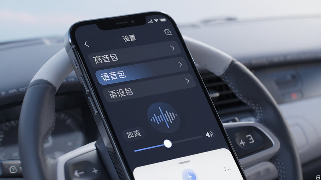 高驾地图导航语音播报设置界面,手机屏幕显示语音包列表与音量滑块,画面中有声波图标与方向盘元素,风格柔和科技感,布局清晰,细节干净,无多余元素。