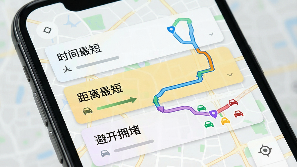 高驾地图导航多路线选择界面,手机屏幕显示三条不同颜色路线卡片,分别标注“时间最短”“距离最短”“避开拥堵”,背景为浅色地图网格,风格简约商务,细节清晰,画质干净,无多余元素。