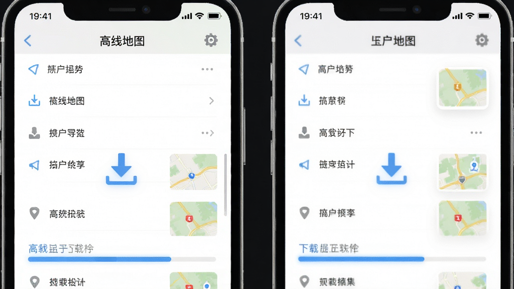 高驾地图导航离线地图下载管理界面,手机屏幕显示城市列表与下载进度条,画面中有下载箭头与地图缩略图,风格清爽浅色,布局规整,细节干净,无多余元素。