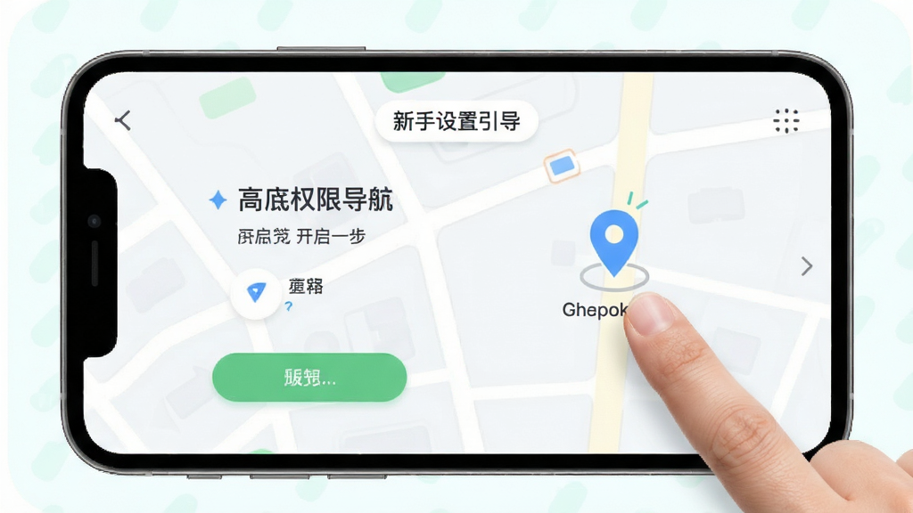 高驾地图导航新手设置引导界面,手机屏幕显示权限开启步骤与定位图标,画面中有手指点击示意,风格清新浅色,布局清晰,细节干净,无多余元素。