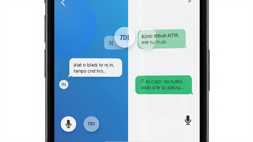 AITIR 翻译软件主界面展示,主体为一部智能手机居中放置,屏幕显示多语言对话翻译界面,布局采用左右分栏对话气泡排版,风格为现代简约科技风,细节包括蓝色渐变背景、圆形语言切换按钮、清晰的文字气泡与麦克风图标,画质高清,画面干净,无多余元素