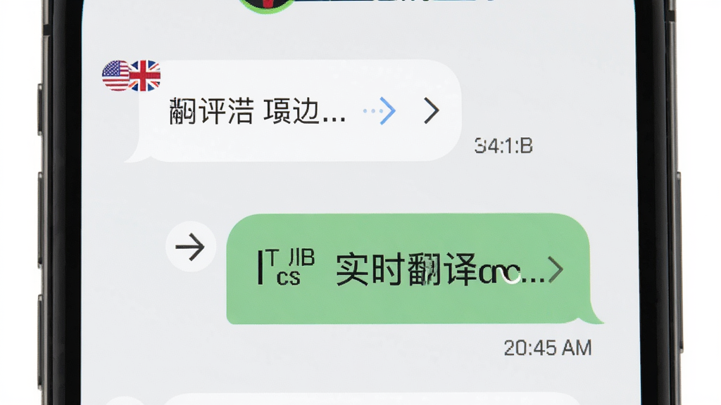 AITIR 多语种实时翻译功能展示,主体为手机屏幕特写,布局为上下对话气泡分别显示中文与英文,排版居中对称,风格为清爽扁平化设计,细节包括语言国旗小图标、翻译箭头符号、时间戳,画质清晰,画面干净,无多余元素