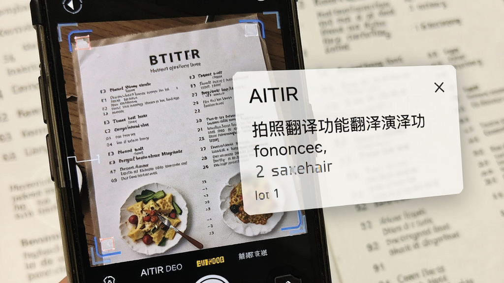 AITIR 拍照翻译功能演示,主体为手机摄像头对准一份外文菜单,布局为手机屏幕内显示原文与译文叠加效果,排版采用实景与界面融合,风格为科技感写实,细节包括识别框线、译文浮层、菜单菜品图案,画质清晰,画面干净,无多余元素