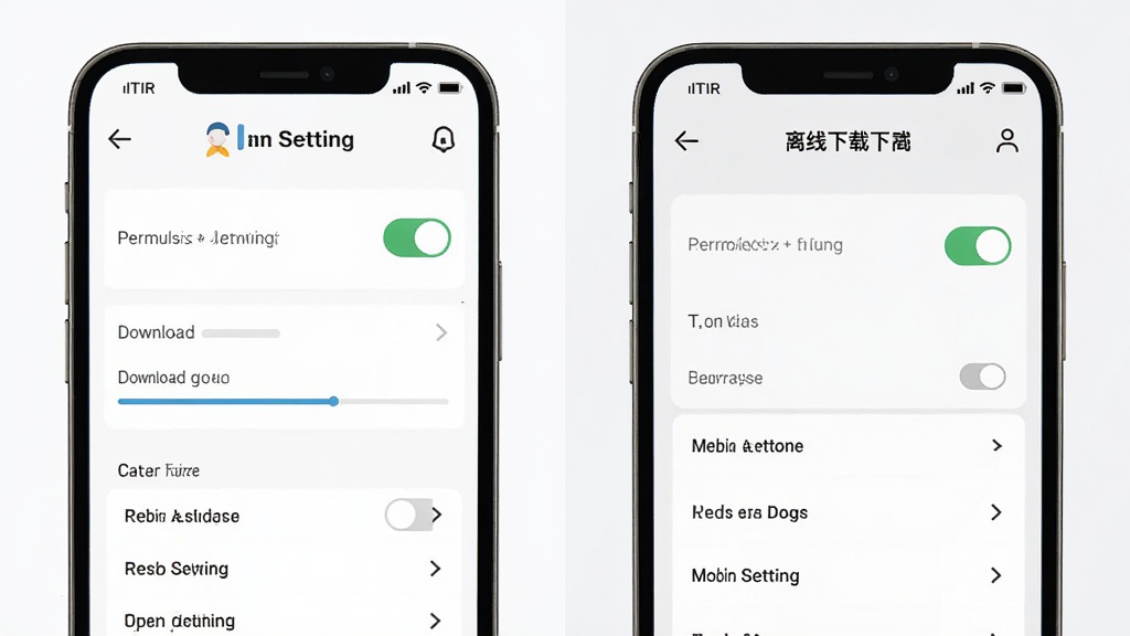 AITIR 移动端使用技巧示意图,主体为手机屏幕显示权限设置与离线下载界面,布局为左右两屏对比,排版清晰分区,风格为扁平化教程风,细节包括权限开关、下载进度条、语言包列表,画质高清,画面干净,无多余元素