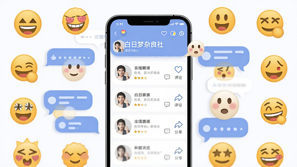 画面主体是一部智能手机,屏幕上显示着“白日梦杂良社”的话题列表界面,布局采用手机居中、周围环绕着各种表情符号和对话气泡的构图,排版简洁清晰,风格为现代扁平化UI插画,细节包括点赞图标、评论图标、分享图标等,画质高清,画面干净,无多余元素