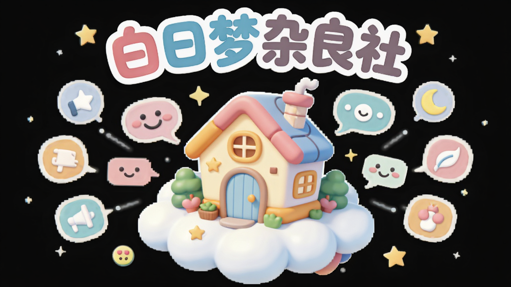 画面中央是一个圆润可爱的卡通社区场景,主体是一座漂浮在云朵上的彩色小房子,房子周围环绕着各种趣味图标和对话气泡,布局采用中心对称的放射状构图,排版上标题文字“白日梦杂良社”以圆润字体位于画面上方,风格为扁平化插画风,细节包括星星、月亮、笑脸等装饰元素,整体色调柔和明亮,画质清晰干净,无多余元素