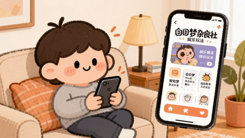 画面主体是一个卡通人物坐在沙发上拿着手机,手机屏幕上显示“白日梦杂良社”的娱乐玩法界面,布局采用人物在左、手机屏幕内容在右的构图,排版轻松活泼,风格为温馨手绘插画风,细节包括抱枕、台灯、绿植等家居元素,画质柔和干净,无多余元素