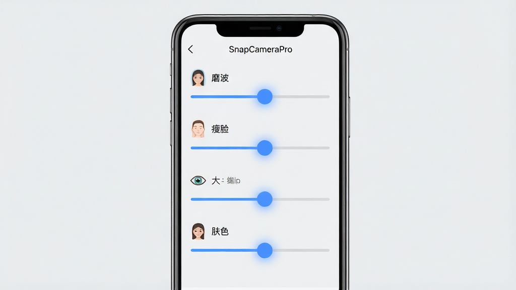 一张展示 SnapCameraPro 实时美颜引擎功能的图片,主体为手机屏幕中显示美颜参数调节滑块界面,包含磨皮、瘦脸、大眼、肤色四个调节条;布局为纵向排列,每个滑块旁边配有对应的小图标;排版整齐,风格为清爽简约的 UI 设计风;细节上滑块带有柔和的蓝色高光,背景为浅灰色;画质高清,画面干净,无多余元素