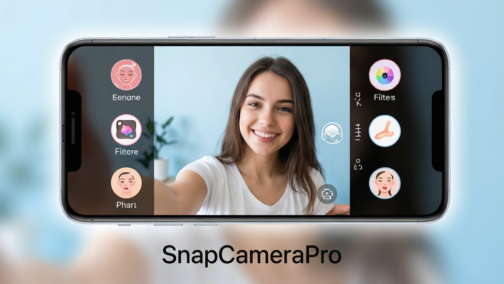 一张展示 SnapCameraPro 软件界面全貌的图片,主体为一部安卓手机正中央显示相机取景画面,画面中是一位年轻女性微笑自拍,屏幕四周分布美颜、滤镜、美肤、瘦脸等圆形功能图标;布局采用居中对称构图,手机下方放置软件名称文字