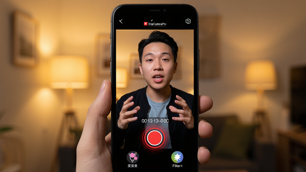 一张展示 SnapCameraPro 高清视频录制功能的图片,主体为手机屏幕中显示红色录制按钮和计时器,画面中人物正在对镜头说话;布局为手机居中,屏幕下方有美颜和滤镜快捷图标;排版直观,风格为视频创作工具风;细节上录制按钮带有红色脉冲光圈,背景为室内暖光;画质高清,画面干净,无多余元素