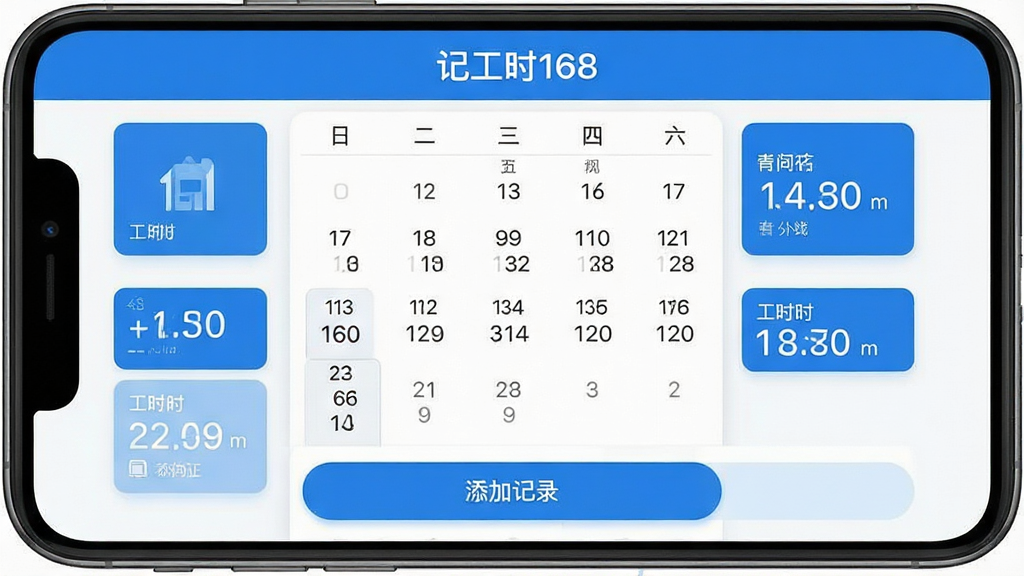 手机屏幕中显示记工时168应用主界面,界面顶部有“记工时168”文字标题,中间是日历视图标注每日工时数字,底部有添加记录按钮,整体布局简洁清晰,风格为现代扁平化设计,细节包括日期数字、工时统计卡片、蓝色主色调,画质高清,干净,无多余元素