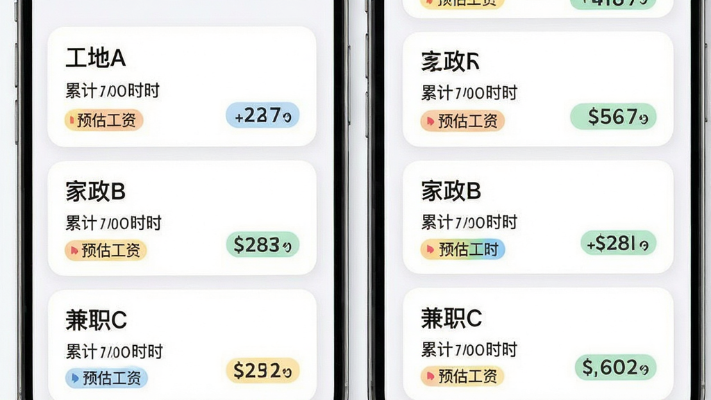 手机应用界面展示多个用工项目卡片,每张卡片标注项目名称如“工地A”“家政B”“兼职C”,卡片上显示累计工时和预估工资,布局为纵向列表排版,风格为柔和圆角卡片设计,细节包括项目名称文字、工时数字、工资数字、彩色标签,画质高清,干净,无多余元素