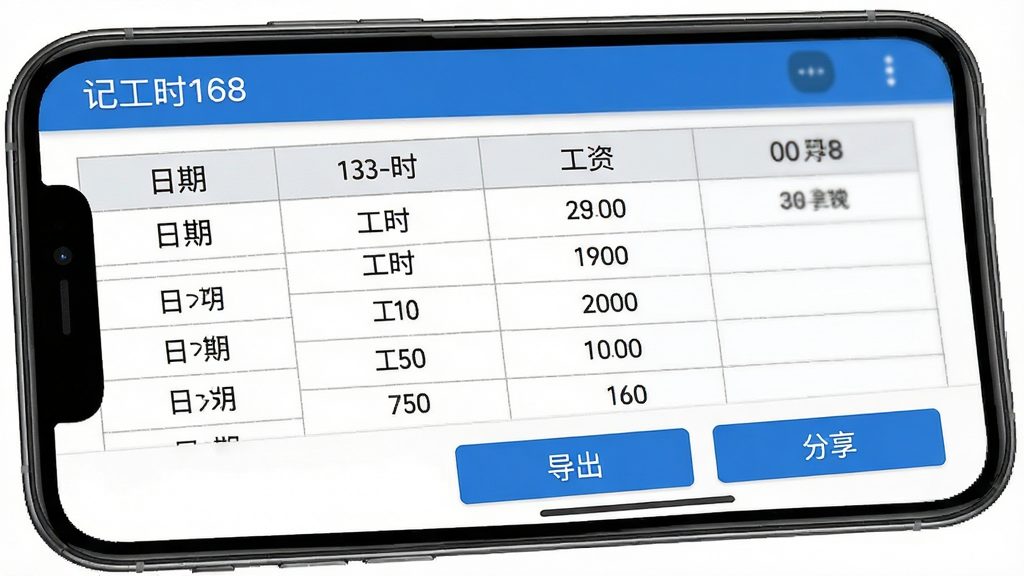 手机屏幕显示记工时168的考勤表导出界面,表格中列有日期、工时、工资等栏目,顶部有“记工时168”应用名称,底部有导出和分享按钮,布局为表格排版,风格为清爽商务风,细节包括表格线条、文字数字、蓝色按钮,画质高清,干净,无多余元素