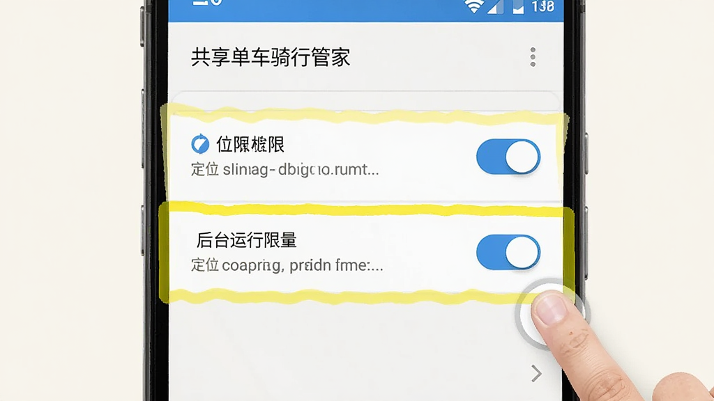 共享单车骑行管家 手机权限设置界面 画面展示安卓系统设置页面 定位权限和后台运行权限开关被高亮标注 旁边有手指点击的示意 背景为浅色 风格简洁明了 细节清晰 画质高清 干净 无多余元素