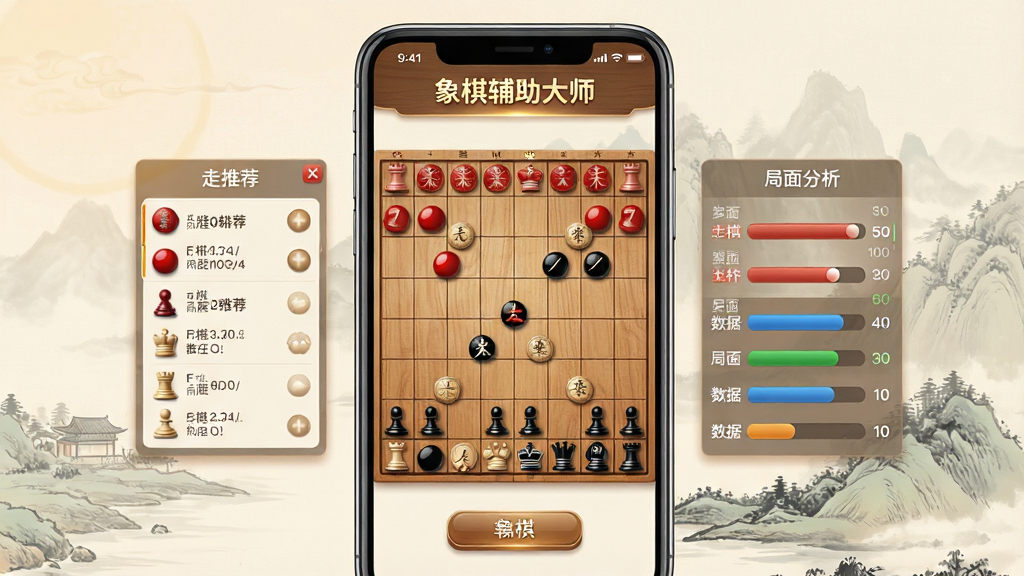 画面中央一部智能手机竖屏展示象棋辅助大师软件界面,棋盘为木质纹理,红黑棋子清晰排列,界面顶部显示“象棋辅助大师”文字标题,左侧悬浮走法推荐面板,右侧显示局面分析数据条,背景为淡雅中国风山水画,整体色调温暖柔和,风格写实科技感,细节包含棋子光泽、按钮立体感、数据图表清晰,画质高清干净,无多余元素