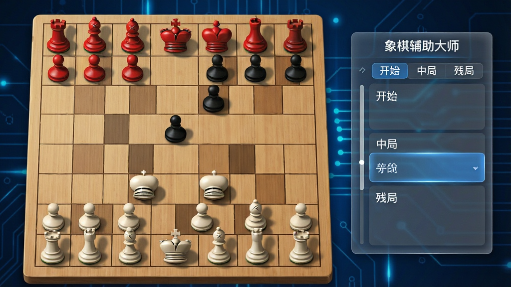 一张横向展开的棋盘俯视图,棋盘上摆放着红黑双方棋子,棋盘右侧悬浮半透明棋谱列表界面,界面标题显示“象棋辅助大师”文字,列表项包含开局、中局、残局分类标签,背景为深蓝色科技光效,风格简约现代,细节包含棋子投影、列表滚动条、高亮选中项,画质清晰干净,无多余装饰