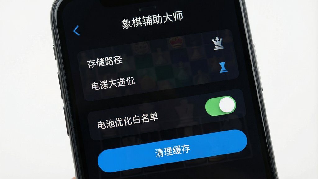 手机屏幕特写,屏幕上显示象棋辅助大师软件的设置界面,界面中有存储路径选择、电池优化白名单开关、清理缓存按钮等选项,屏幕上方有“象棋辅助大师”文字,背景为深色模式,风格简洁实用,细节包含按钮高亮状态、文字清晰、图标精致,画质高清干净,无多余元素