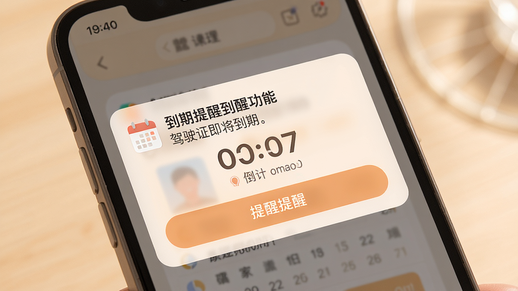 手机证件电子管理到期提醒功能展示,画面中手机屏幕弹出通知提醒卡片,内容为驾驶证即将到期,布局为通知中心样式,风格为柔和暖色调,细节包含日历图标、倒计时数字、提醒按钮,画质高清,干净,无多余元素