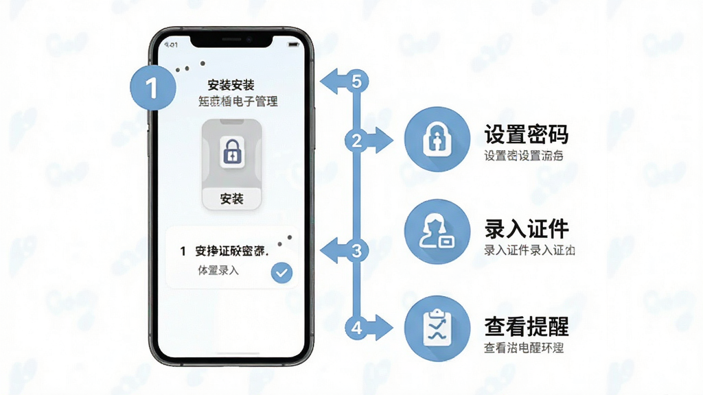 手机证件电子管理新手操作指引示意图,画面中手机屏幕显示分步操作流程,包含安装、设置密码、录入证件、查看提醒四个步骤,布局为纵向时间轴,风格为友好引导风,细节包含步骤编号、箭头连接、图标点缀,画质高清,干净,无多余元素