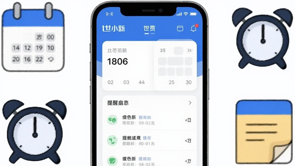 画面中央放置一部智能手机,手机屏幕显示世小新应用的首页界面,界面包含日程卡片和提醒列表;手机周围环绕日历图标、闹钟图标和便签图标,采用扁平化插画风格,蓝白配色,背景干净整洁,画质清晰,无多余元素