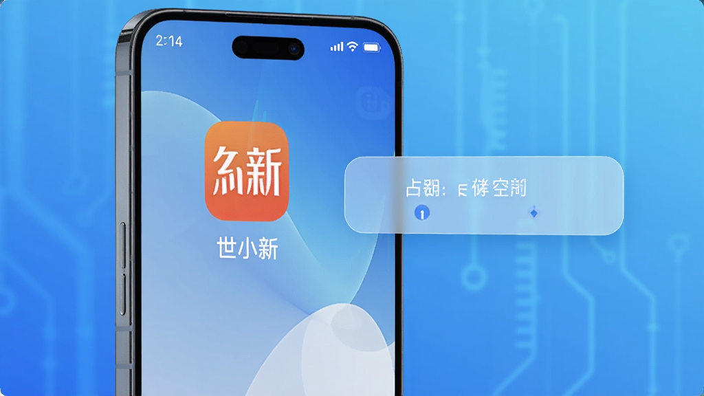 一部手机屏幕显示世小新应用正在流畅运行,屏幕旁边有一个半透明的存储空间指示条,显示占用极小的比例,背景是简洁的科技蓝渐变,画面干净利落,画质清晰,无多余元素