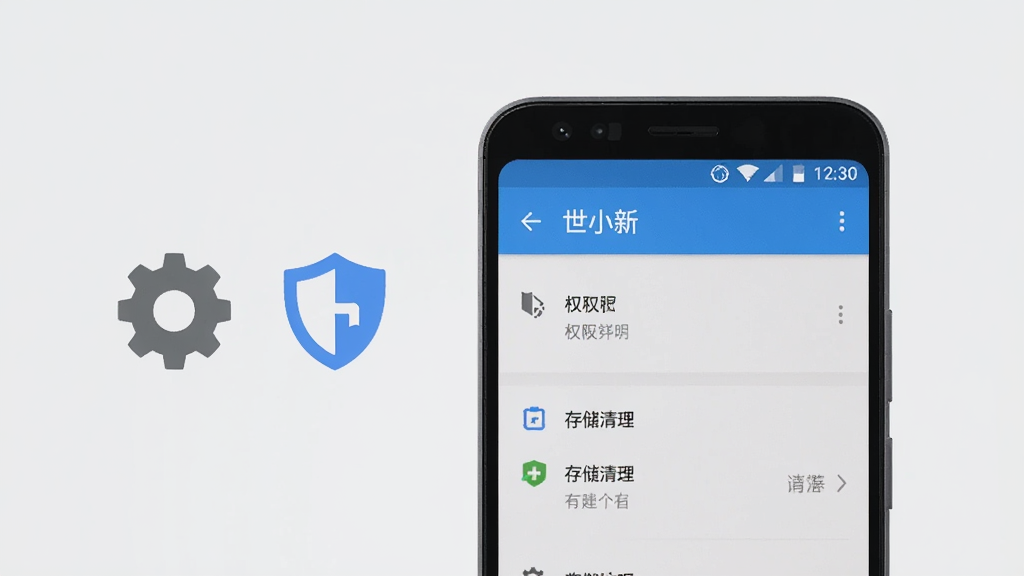 一部安卓手机屏幕显示世小新的设置页面,页面中有权限管理和存储清理选项,手机旁边有齿轮和盾牌的小图标,整体风格简洁实用,背景为浅灰色,画质清晰,无多余元素