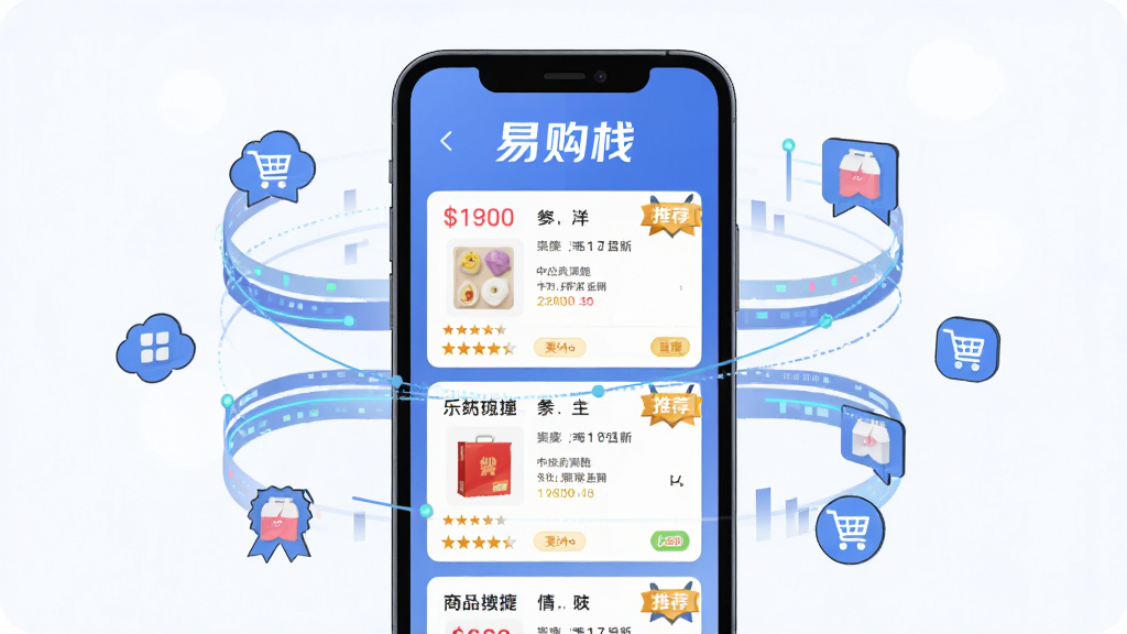 易购栈智能商品聚合功能界面,画面中心为手机屏幕显示多平台商品卡片整齐排列,屏幕上方有“易购栈”品牌标识,周围环绕数据流线条与购物图标,布局为居中对称式,风格为科技感扁平插画,细节包含价格标签、星级评分、推荐徽章等元素,画质高清,画面干净,无多余元素