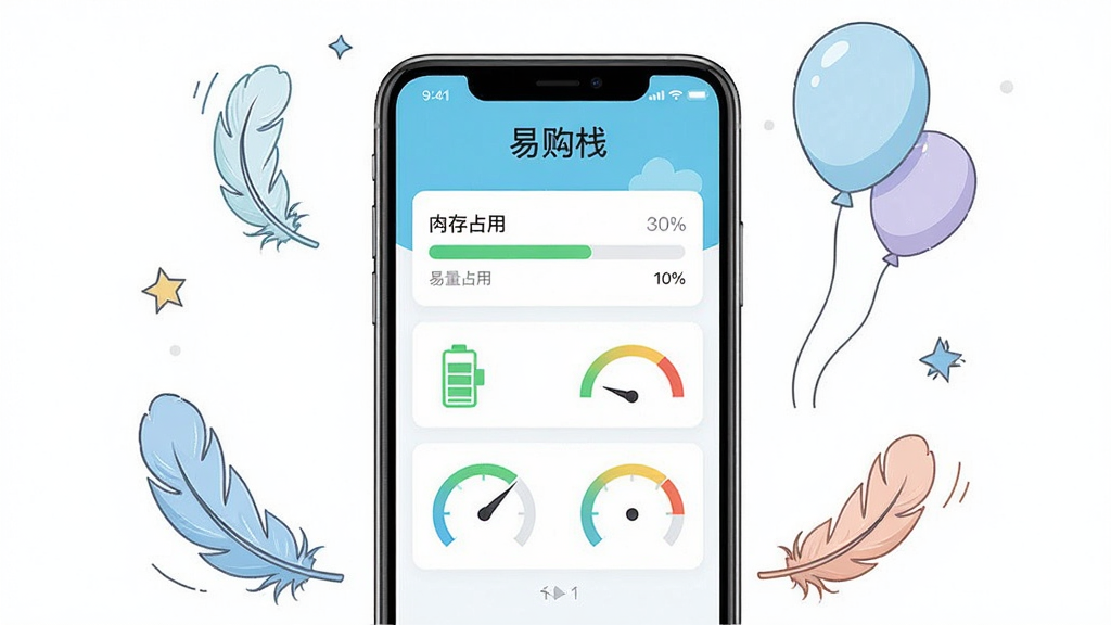 易购栈轻量运行低占用特性展示图,画面主体为一部智能手机,屏幕内显示易购栈应用界面,手机周围有羽毛、气球等轻盈元素环绕,布局为手机居中、元素环绕式,风格为清新简约插画,细节包含内存占用指示条、电池图标、运行速度仪表盘等,画质高清,画面干净,无多余元素,图片中文字“易购栈”出现在屏幕顶部