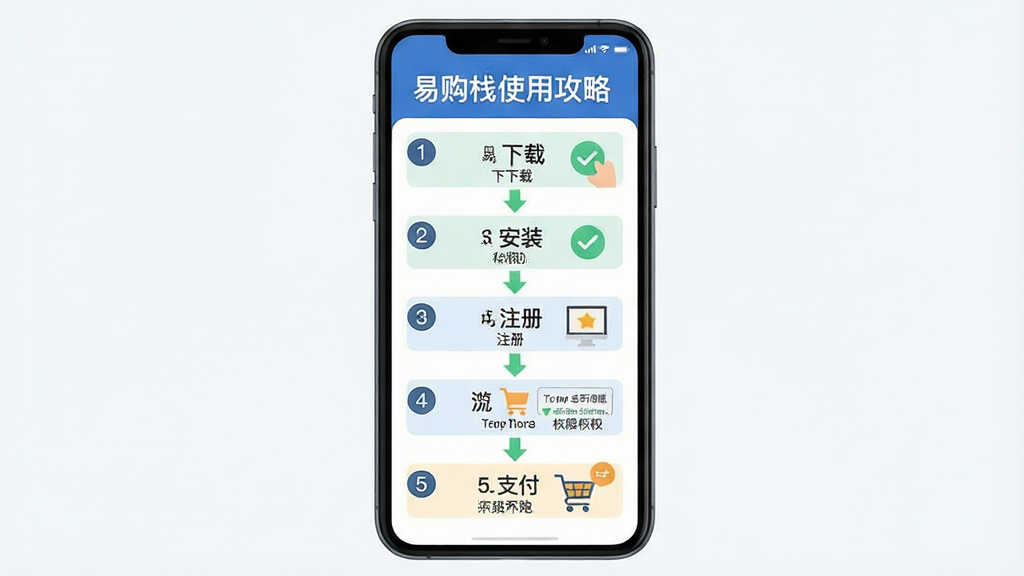 易购栈移动端使用攻略示意图,画面主体为一部竖屏手机,屏幕内分步骤展示下载、安装、注册、浏览、支付五个操作场景,每个场景用序号标注,布局为纵向排列流程图,风格为简洁明快的扁平化信息图,细节包含箭头引导、勾选图标、权限提示弹窗等元素,画质高清,画面干净,无多余元素,图片中文字“易购栈使用攻略”位于顶部