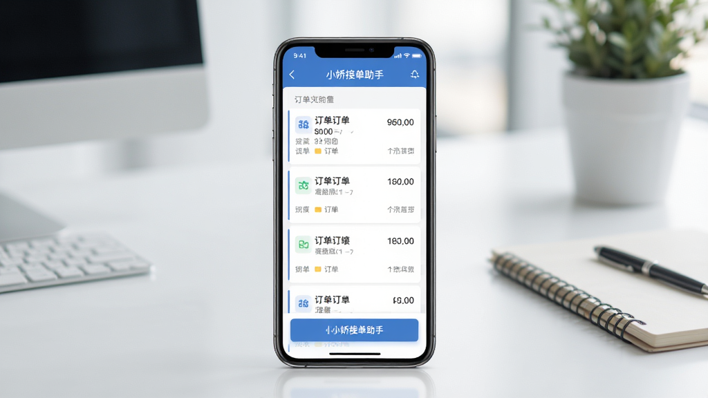 一张展示小娇接单助手核心功能的手机应用界面截图,画面中央是手机屏幕,屏幕内显示清晰的订单列表和接单按钮,背景为简洁的办公桌面,风格现代商务,画质清晰干净,无多余元素。
