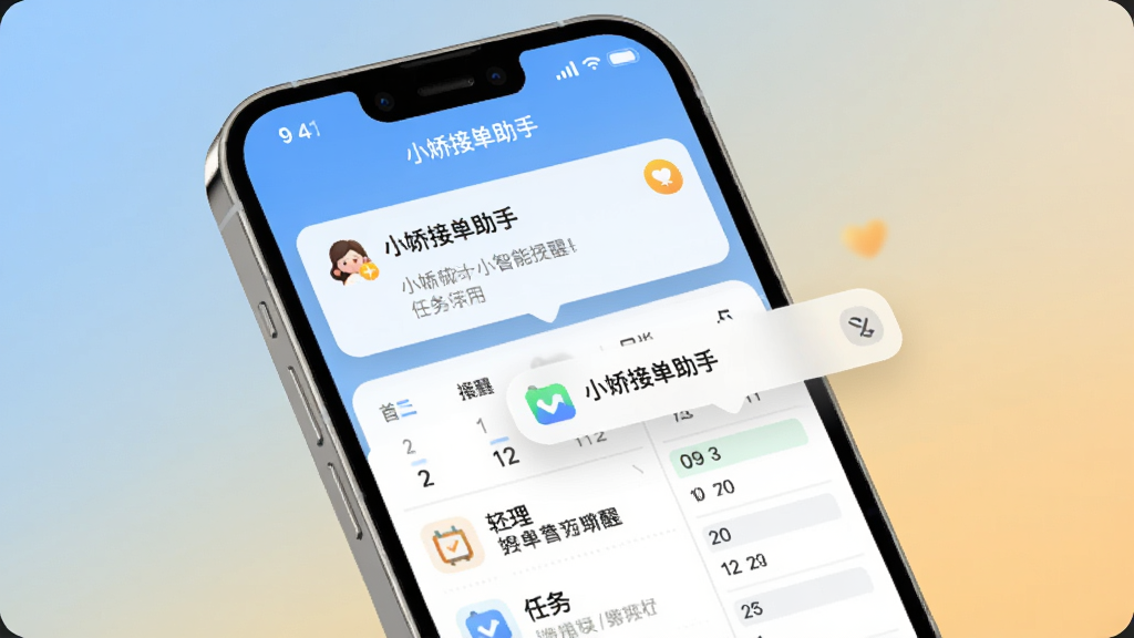 一张表现小娇接单助手智能提醒功能的视觉图,画面主体是一部手机,屏幕弹出日历提醒和任务通知气泡,背景是柔和渐变色调,风格清新简约,细节表现通知图标和日程网格,画质清晰,画面中带有文字'小娇接单助手'。